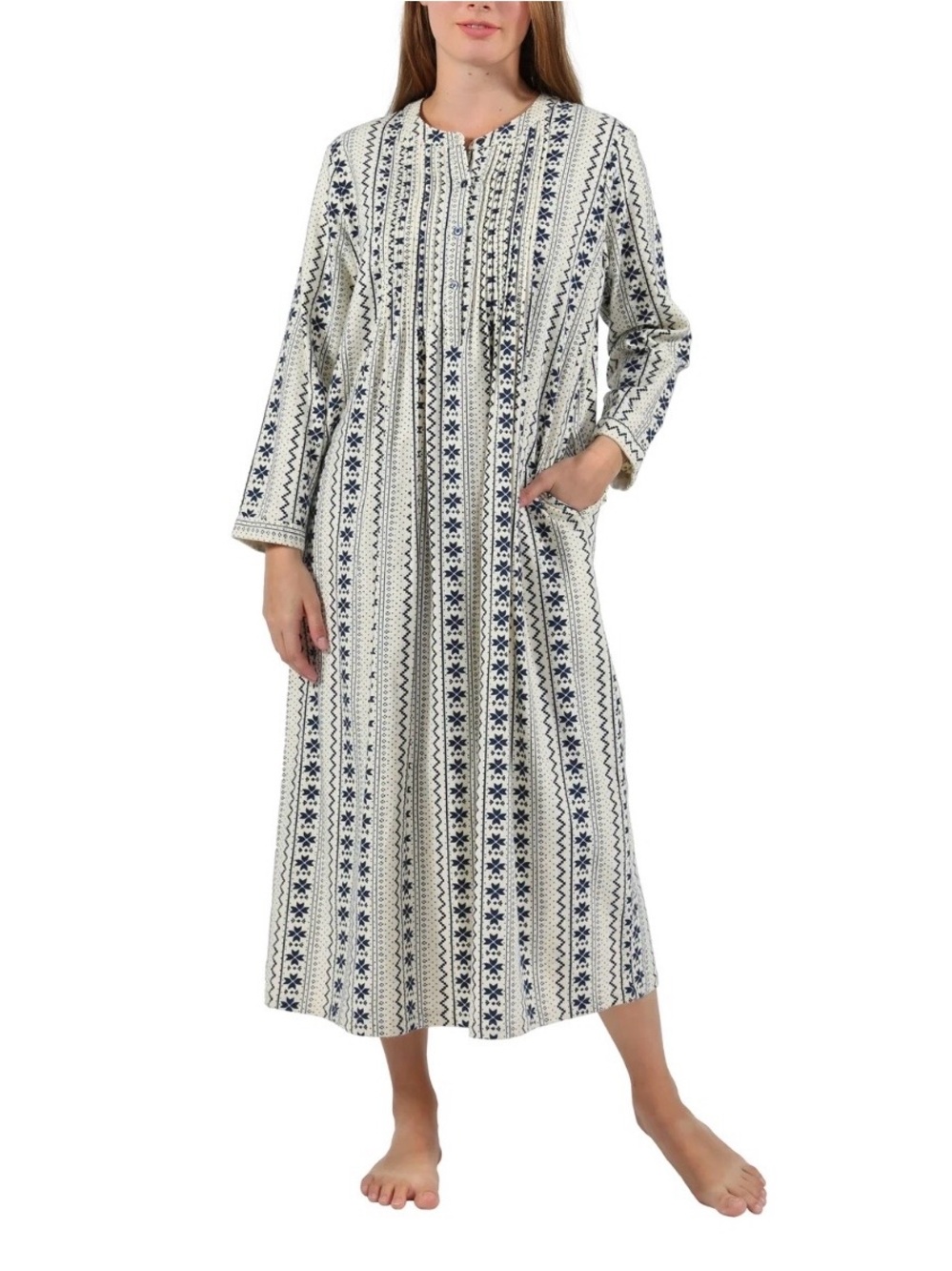 La Cera Flannel Traditional Nightgown Long Sleeves Ivory &. Blue Size 1X NWT